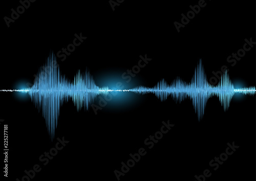 Sound waves oscillating glow light in blue tone on black background, Technology digital splash or explosion concept, Neon sound waves in music production.