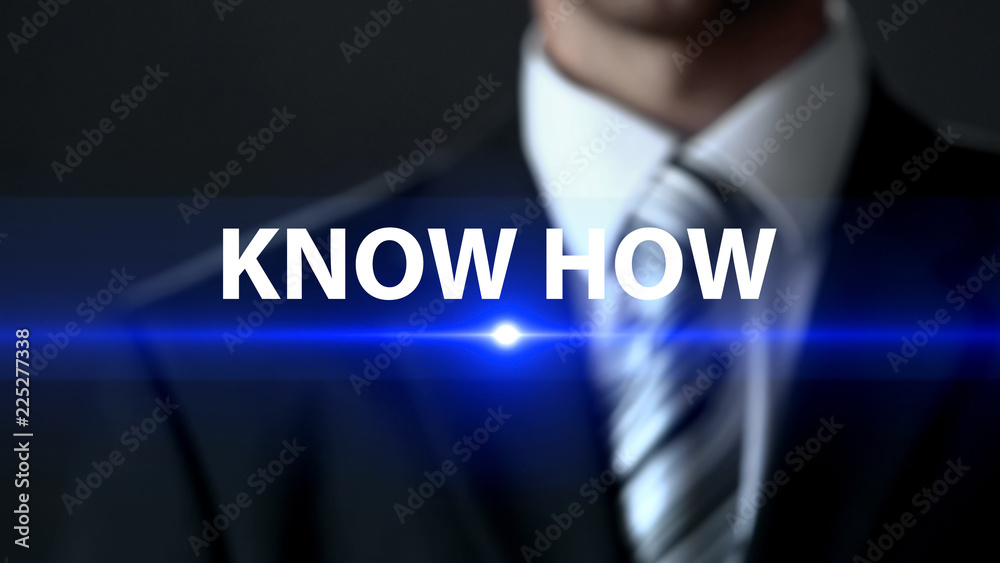 Know how, man in business suit standing in front of screen, innovative discovery Know how, man in business suit standing in front of screen, innovative discovery