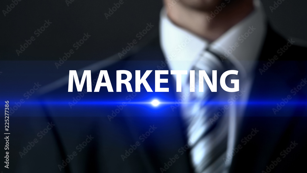 Marketing, man in suit standing in front of screen, promotion and advertising Marketing, man in suit standing in front of screen, promotion and advertising