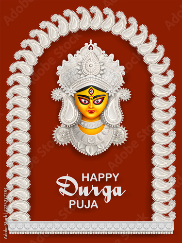 Goddess Durga Face in Happy Durga Puja Subh Navratri background