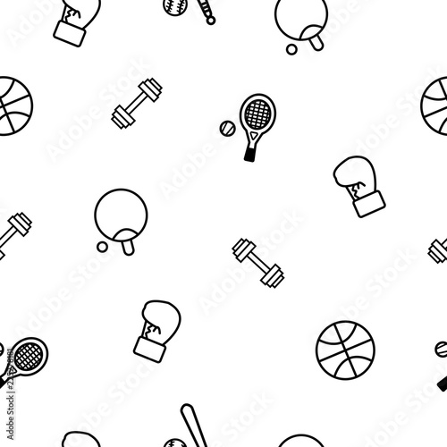 Seamless of hand drawing vector doodle icons set of sport equipment elements including baseball, basketball, dumbbell, tabletennis, tennis and boxing gloves, repeating sport wallpaper.
