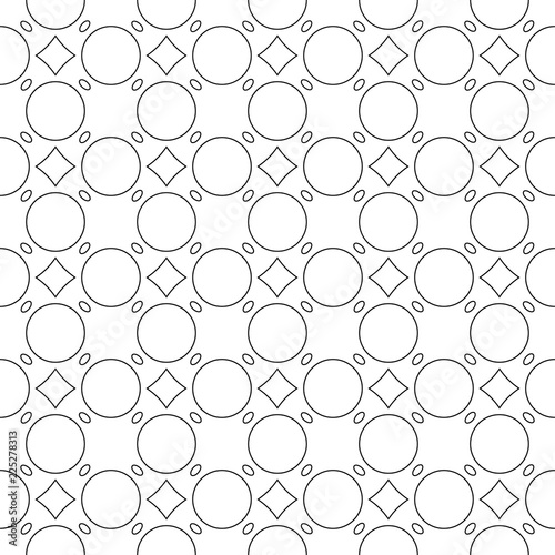 Seamless geometric minimalistic pattern in black circle, oval and square, repeating abstract white background.