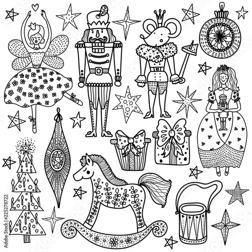 Christmas coloring book the Nutcracker. Magic vector illustration.