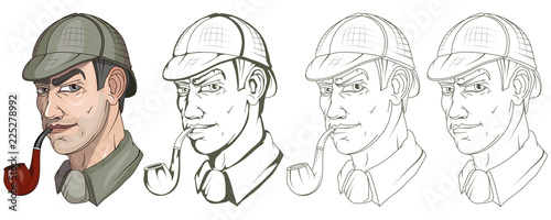 Sherlock Holmes vector, London, ilustration with Sherlock Holmes, Baker street 221B, Sherlock Holmes hat, famous London private detective, detective with smoking pipe, London style, cartoon detective