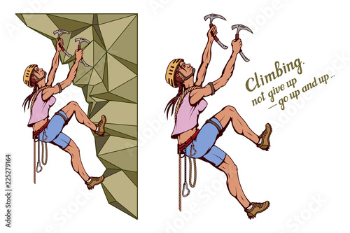 alpinist slogan with girl, woman mountaineer, alpine climbing, alpinism, mountaineering, alpinist girl character, climb concept, hand drawn lettering, mountaineering logo, vector graphics to design