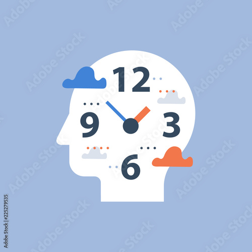 Time management, procrastination concept, work hours and deadline, clock face and head, day planning