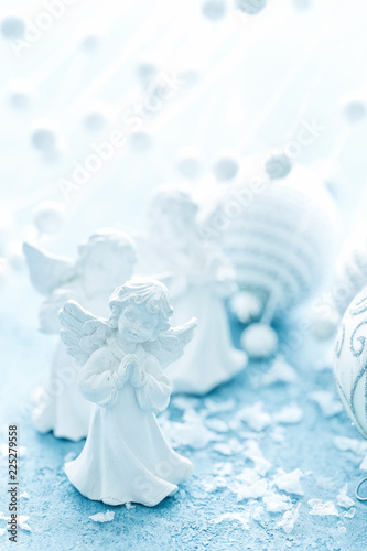 Christmas decorations on frosty background. Festive card with Christmas decorations