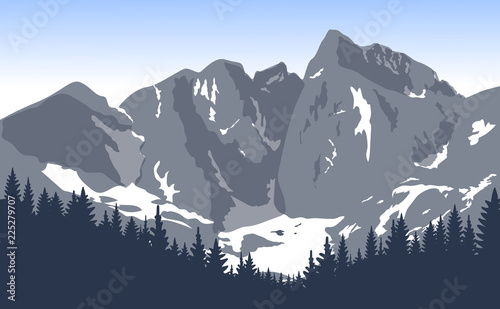 Beautiful mountain landscape with pine forest. The Vignemale summit. Highest ridge of the French Pyrenees.
