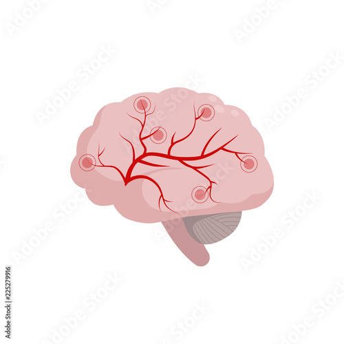 Brain icon isolated on white background, medical illustration in flat design. Cerebral circulation and spasm of cerebral arteries and veins supplying the brain, migraine, headache concept.