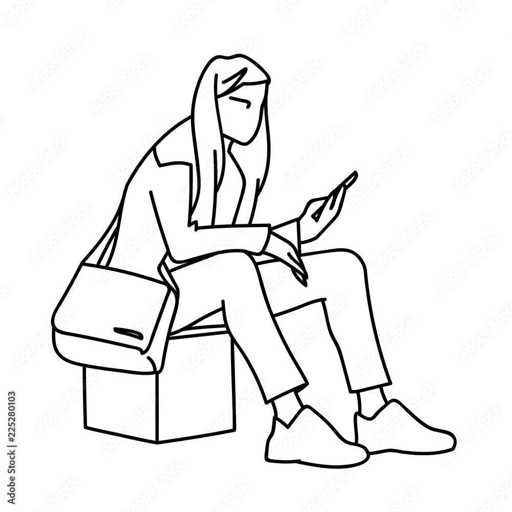 A woman with backpack sitting on cube, looking at mobile phone. Vector illustration of girl checking social networks. Concept. Sketch. Line art. Black lines on white background. Virtual communication