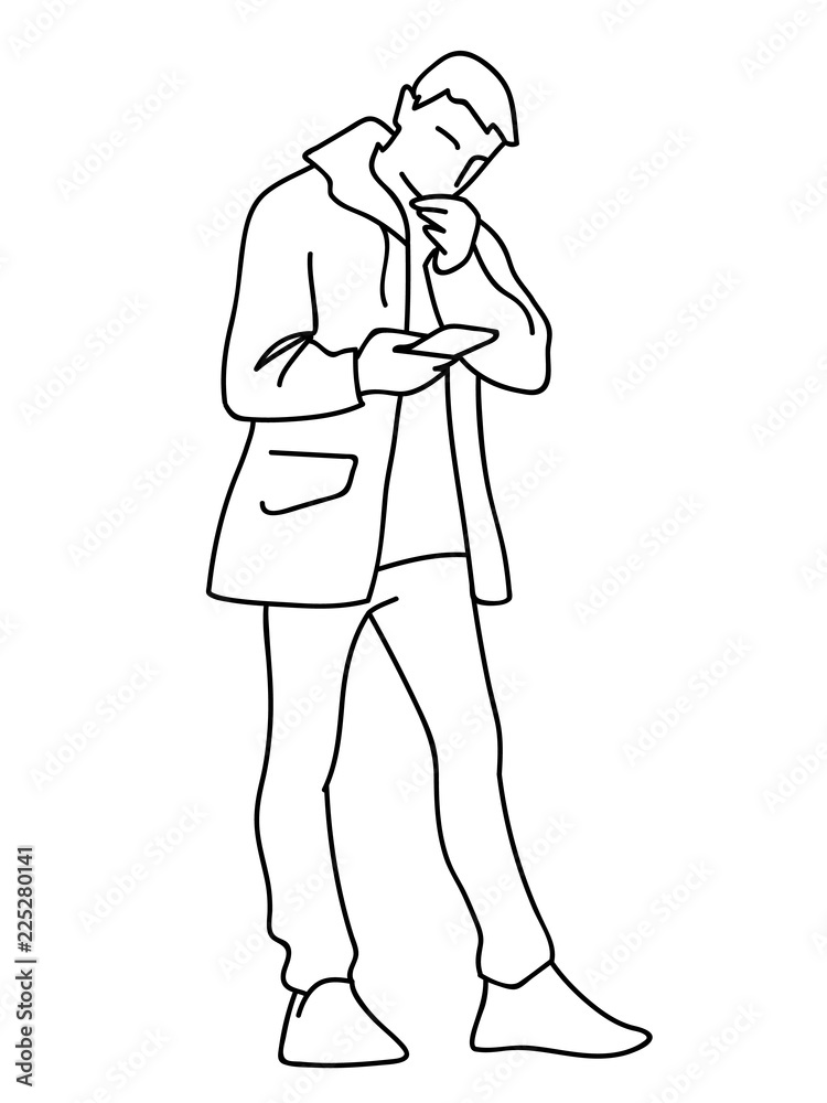 Man in windbreaker standing, attentively looking at mobile phone. Vector illustration of young man checking social networks or watching video. Concept. Black lines on white background