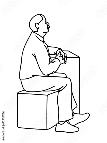 Old man crossing his hands, sitting on cube. Black lines isolated on white background. Concept. Vector illustration of old man with moustache in simple line art style. Monochromatic hand drawn sketch