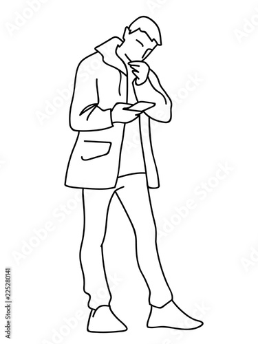 Man in windbreaker standing  attentively looking at mobile phone. Vector illustration of young man checking social networks or watching video. Concept. Black lines on white background