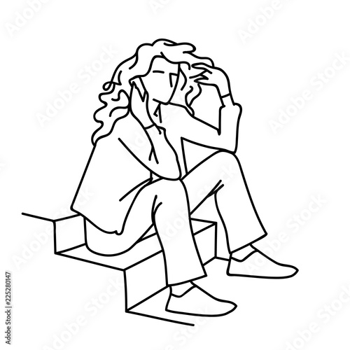 A woman sitting on stairs, talking on mobile phone. Smartphone. Black lines isolated on white background. Vector illustration of woman with curly hair communicating. Monochromatic hand drawn sketch