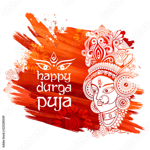 Goddess Durga Face in Happy Durga Puja Subh Navratri background
