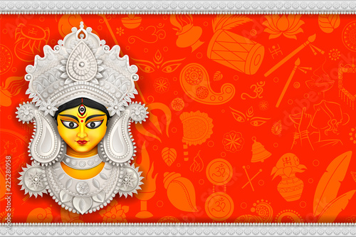 Goddess Durga Face in Happy Durga Puja Subh Navratri background