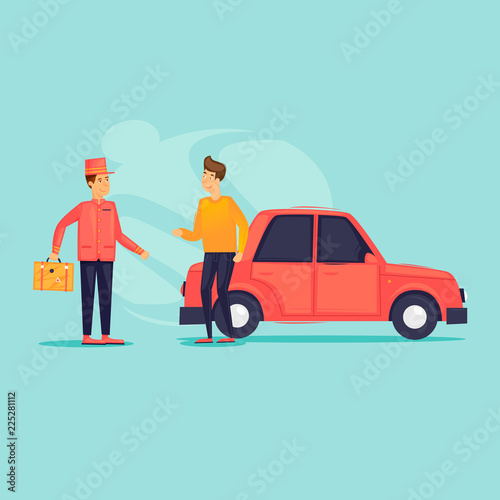 Parking attendant. Bellboy carries a suitcase to the car. Flat design vector illustration