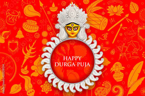 Goddess Durga Face in Happy Durga Puja Subh Navratri background