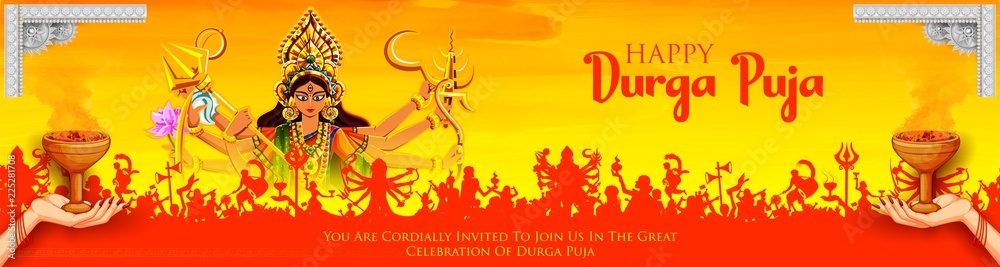 Obraz premium Goddess Durga Face in Happy Durga Puja Subh Navratri background