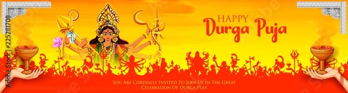 Goddess Durga Face in Happy Durga Puja Subh Navratri background