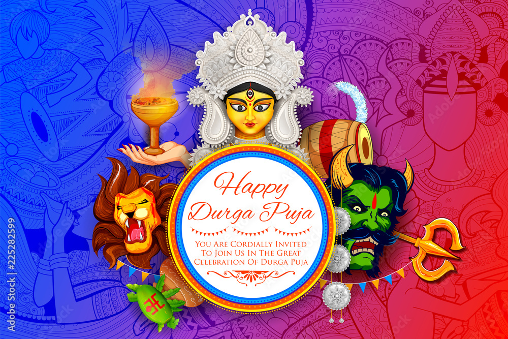 Goddess Durga Face in Happy Durga Puja Subh Navratri background Goddess Durga Face in Happy Durga Puja Subh Navratri background