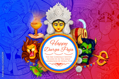 Goddess Durga Face in Happy Durga Puja Subh Navratri background