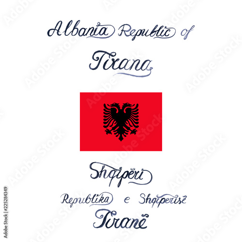 Vector illustration with flag of Albania and words in english and albanian languages