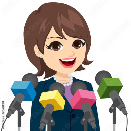 Beautiful young adult politician woman on press speech conference with microphones
