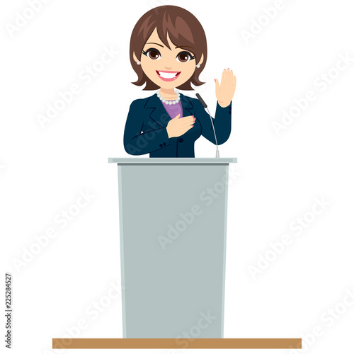 Beautiful adult politician woman with hand on heart on podium making an oath promise
