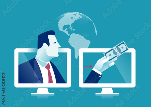 Global Payment. Businessperson sending money online. Business concept vector illustration.
