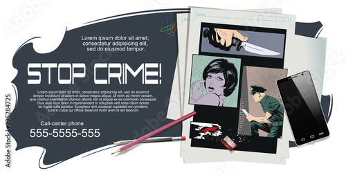 Crime collage. Woman victim of criminal.