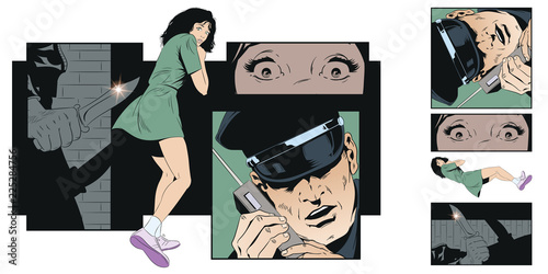 Crime collage. Woman victim of criminal.
