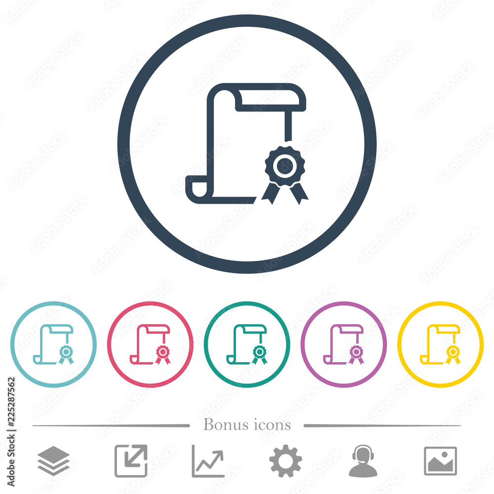 Scroll with certificate on right flat color icons in round outlines Scroll with certificate on right flat color icons in round outlines