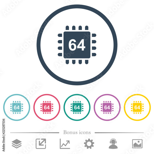 Microprocessor 64 bit architecture flat color icons in round outlines
