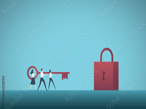 Business solution vector concept. Businessman and businesswoman carry key to padlock. Symbol of achievement, cooperation, teamwork.
