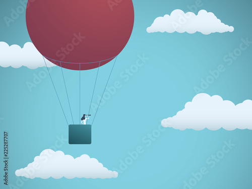 Business vision vector concept with businesswoman flying in hot air balloon in the sky. Symbol of business vision, leadership, mission, adventure and woman power.