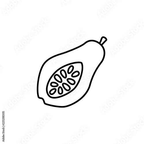 Black & white vector illustration of cut papaya with seeds. Line icon of fresh tropic fruit. Vegan & vegetarian food. Health eating ingredient. Isolated object