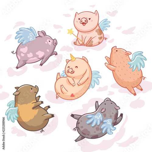 Flying pigs in the clouds. Cartoon characters. Six mini pigs isolated on white background