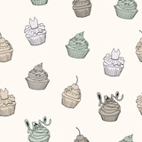 Vector line seamless pattern. Cupcakes illustration. Element of paper design.