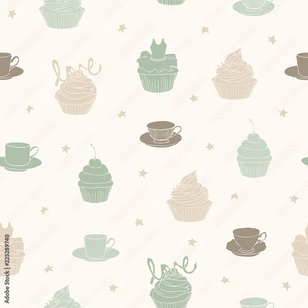 Vector illustration. Cups and cakes seamless pattern. Paper background. Fabric print.