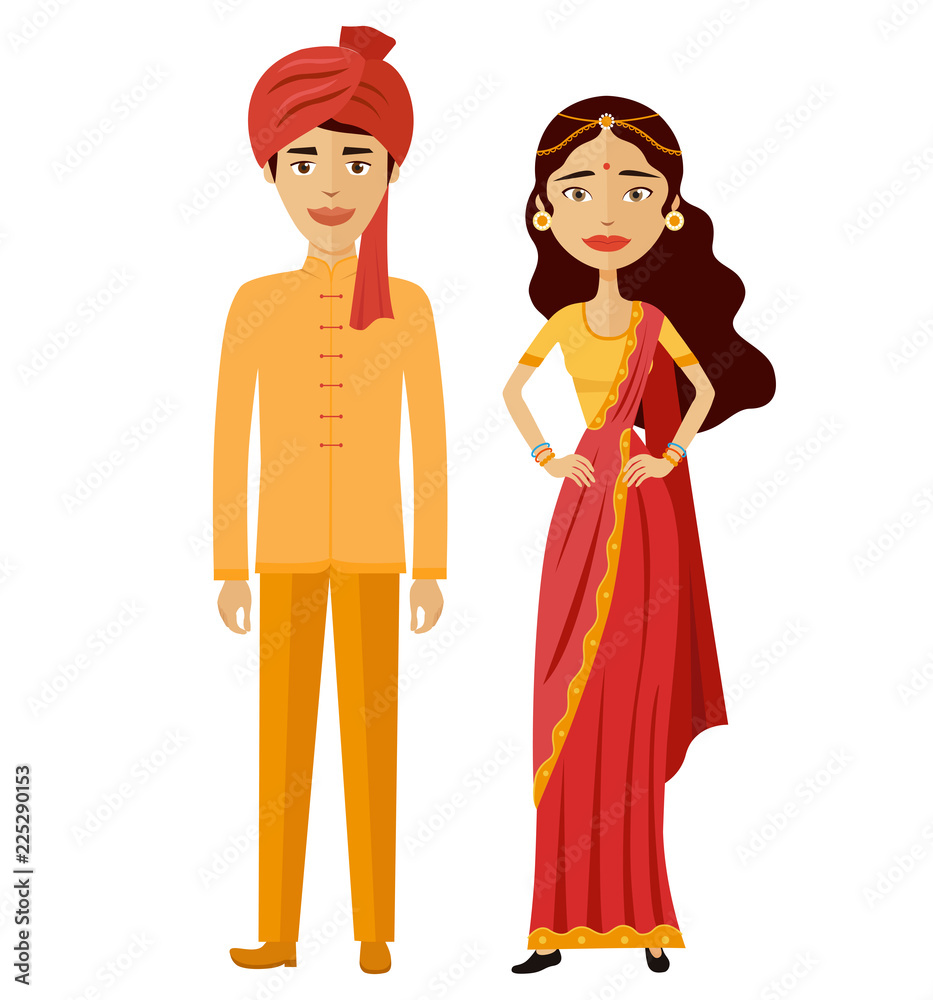 Indian couple vector flat cartoon illustration man and woman, groom and  bride Stock Vector | Adobe Stock