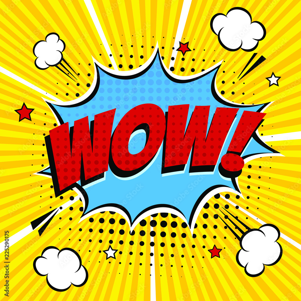Obraz premium Comic lettering WOW! in the speech bubble comics style flat design. Dynamic vintage retro pop art illustration isolated on yellow rays background. Exclamation WOW!