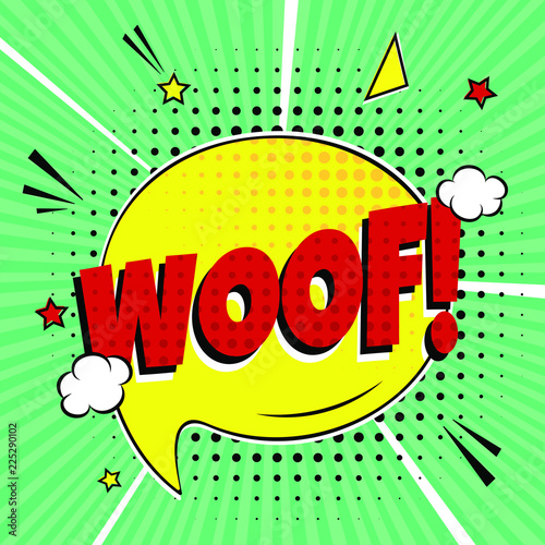 Comic lettering WOOF! in the speech bubble comic style flat design. Dynamic retro vintage pop art illustration isolayed on green rays background. Exclamation WOOF!