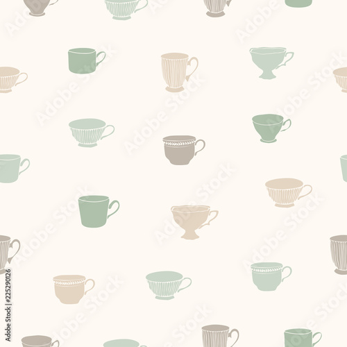 Vector illustration. Tea cups seamless pattern. Paper background. Fabric print.