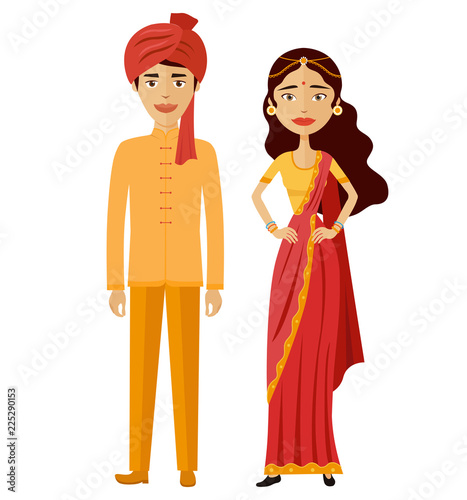 Indian couple vector flat cartoon illustration man and woman, groom and bride