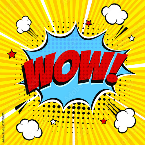 Comic lettering WOW! in the speech bubble comics style flat design. Dynamic vintage retro pop art illustration isolated on yellow rays background. Exclamation WOW!