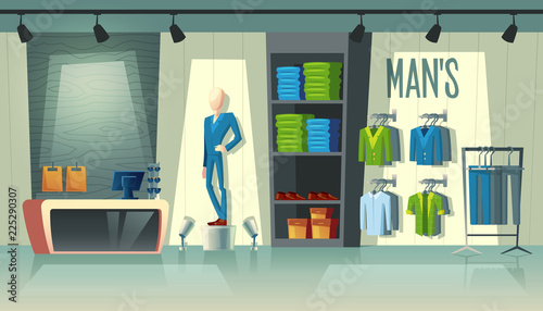 Vector mans clothing shop - wardrobe with suits, cartoon mannequin in costume and stuff on hangers. Cashbox with table inside boutique, dress collection. Male fashion store with illumination in mall
