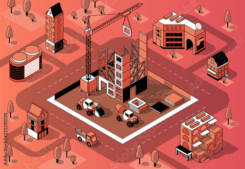 Vector 3d isometric construction site with unfinished building, crane and transport in block. Building exterior in orange colors, black thin lines. Urban tower inside square. Industrial background.