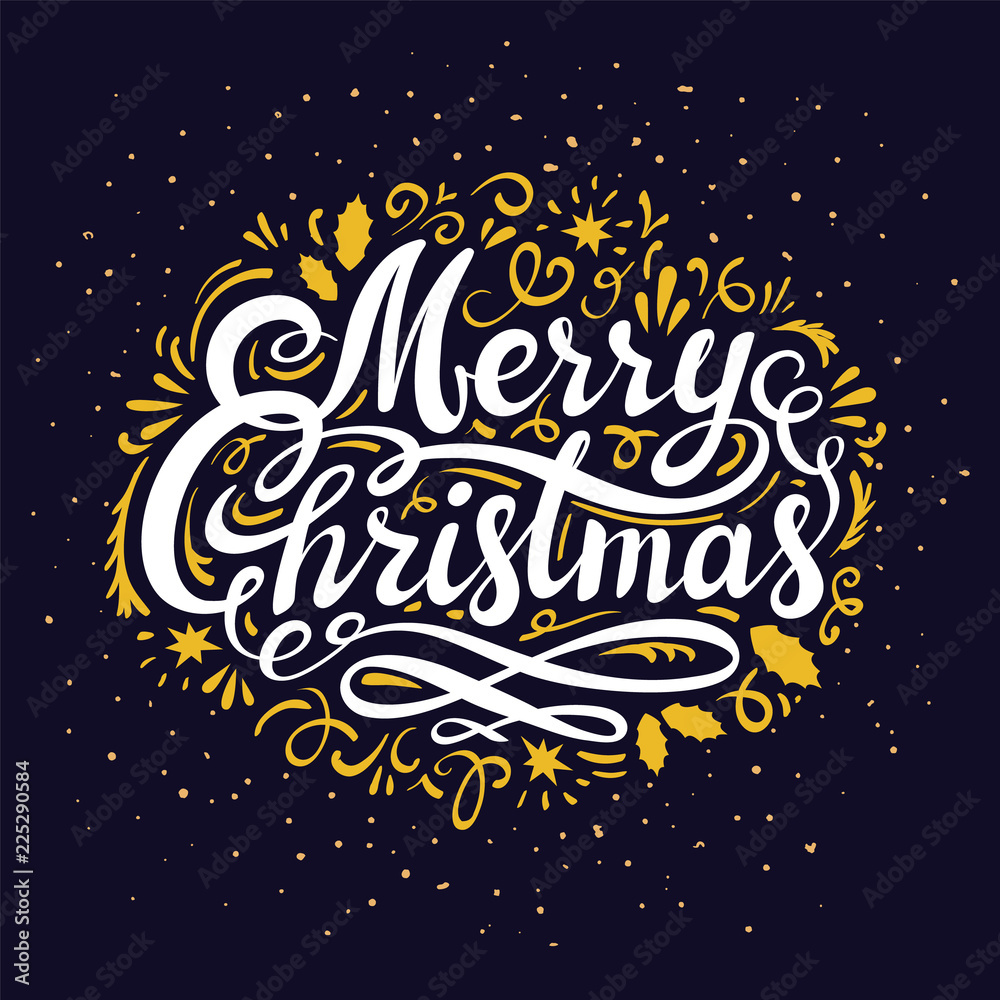 Christmas Eve greeting card inscription. Illustration with Merry Christmas inscription, hand lettering and decoration gold elements on dark night background.