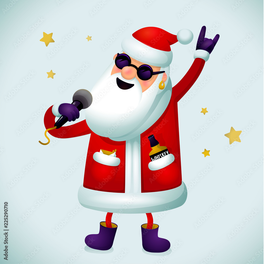 Rock n roll Santa character. Singing Santa Claus - rock star with microphone  on light background. Christmas hipster poster for party with or Xmas  greeting card or web banner, whatever. Stock Illustration